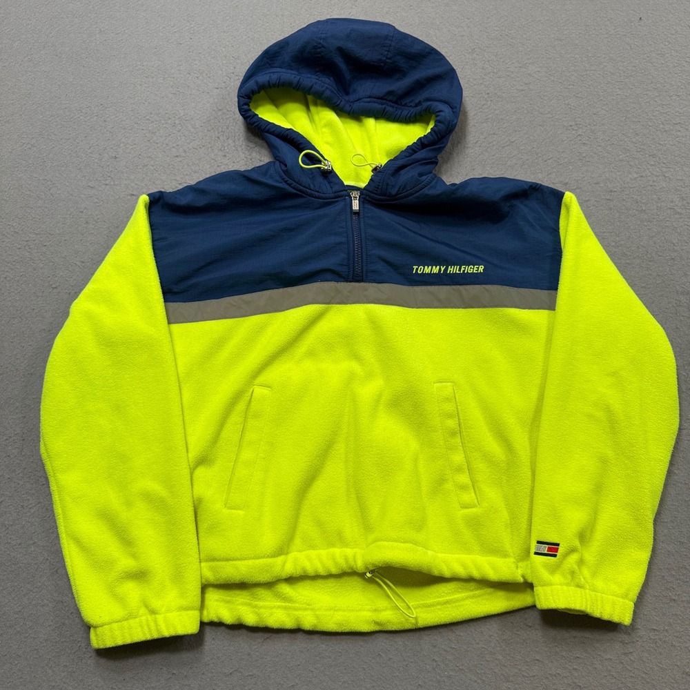 Tommy Hilfiger Sport Hoodie Men's Large Neon Yellow Quarter Zip Pullover Outdoor